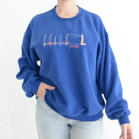 Vintage Jerzees Blue Florida Sailing  Crewneck Sweater Coastal Boating L - Picture 1 of 12